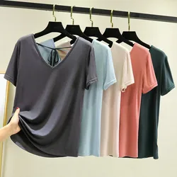 Modal Loose backless Tshirt short sleeves Summer women's Thin T-shirt Lacing cross Bottoming Tee Tops Solid color All match