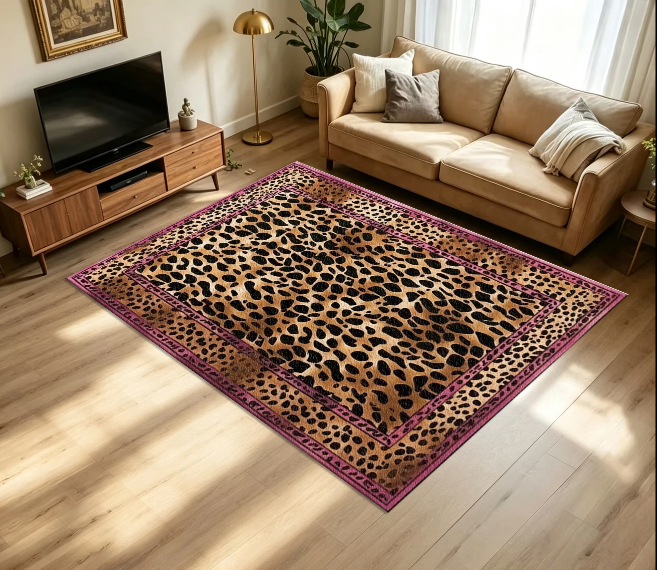 Leopard Print Pink Border Animal Pattern Carpet Non-Slip Washable Bedroom Carpet Fashionable Home Decoration