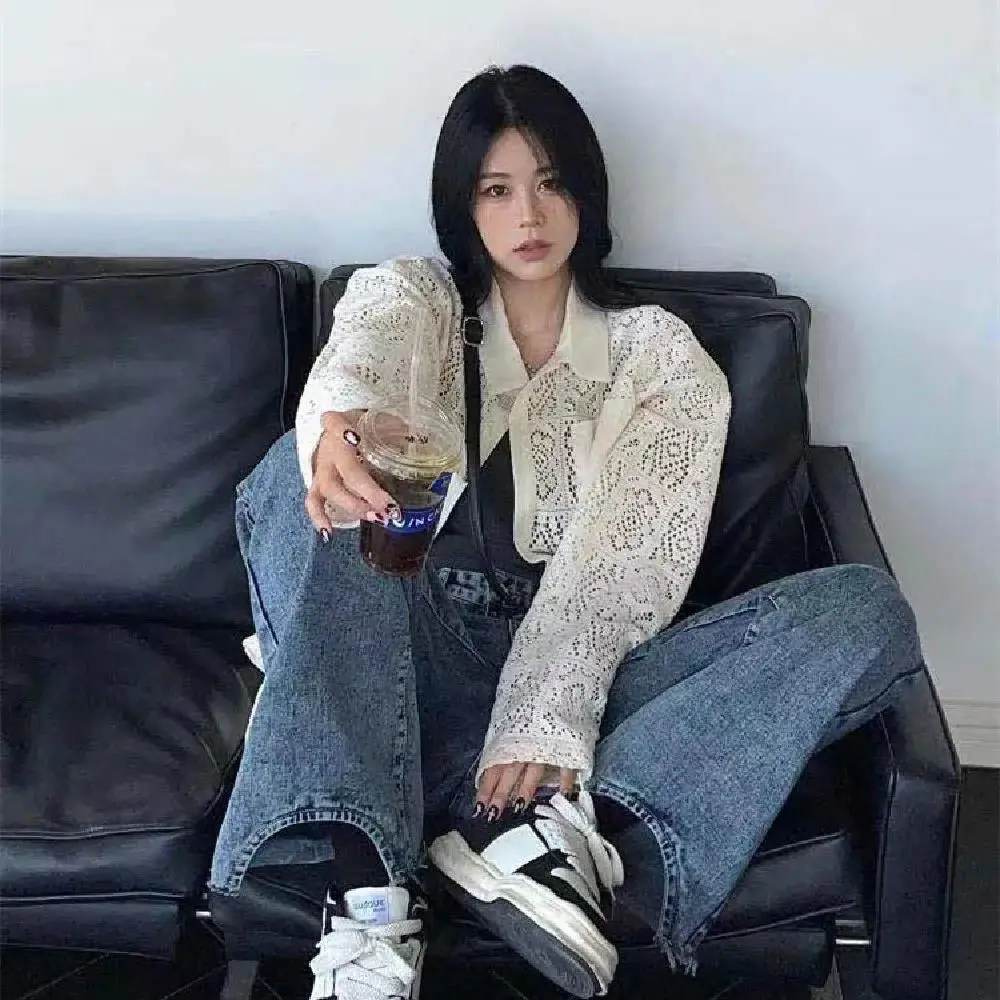 Retro oco para fora longo sve feminino irt proteção solar design sensação outerwear gola na moda cardigan aberto