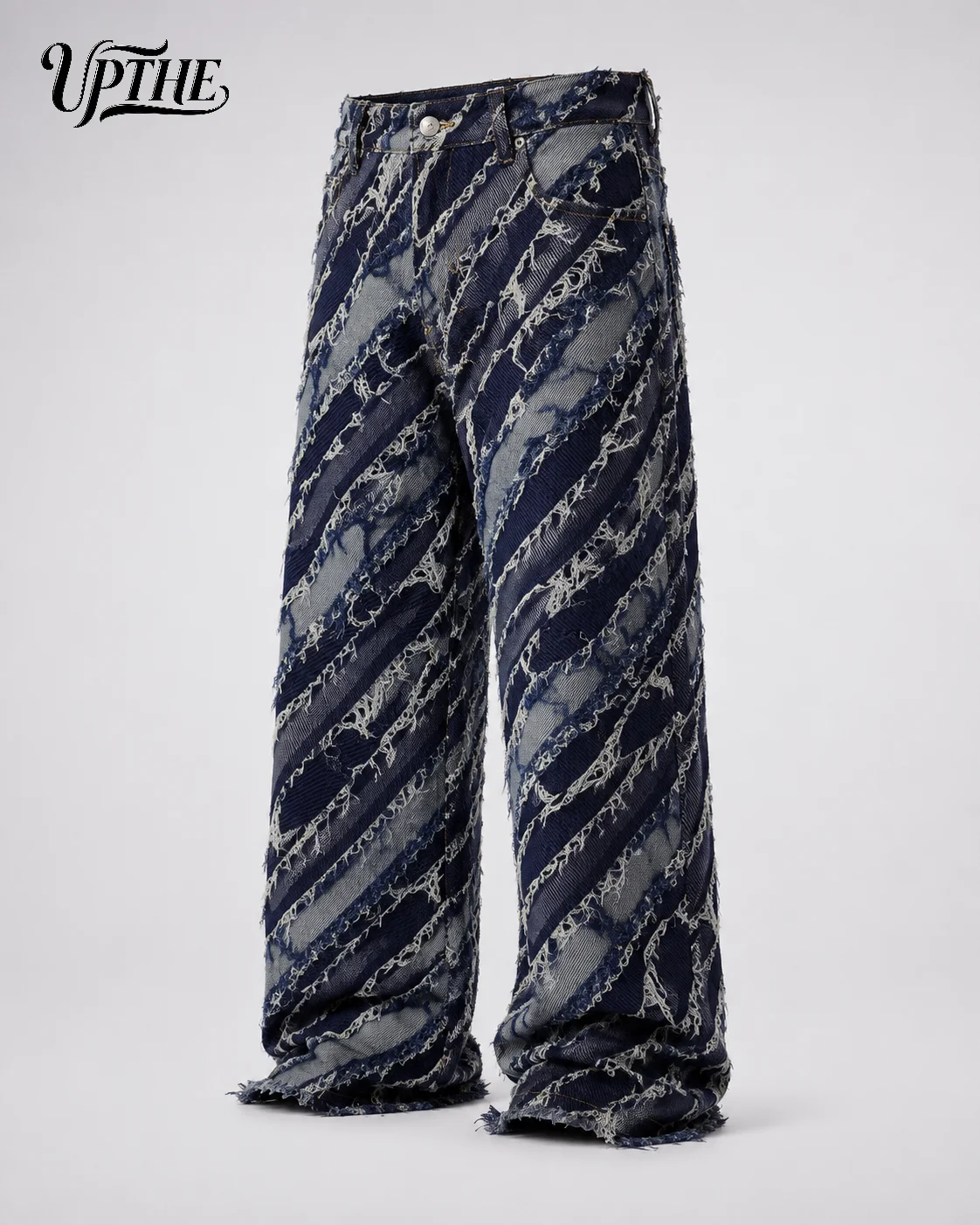UPTHE Men's Frayed Striped Baggy Jeans, Distressed Raw Edge Wide Leg Denim Pants, Y2K Hip Hop Loose Fit Streetwear Trousers