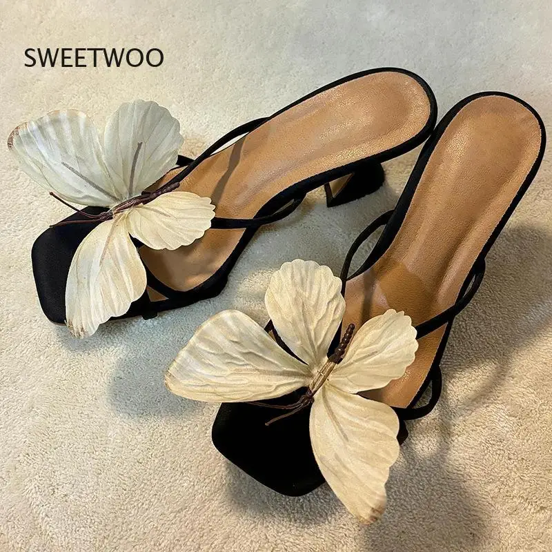 New Women's Elegant Butterfly Detail Single Strap Block Heel Slides Unique Design Fairy Style Heeled Sandals
