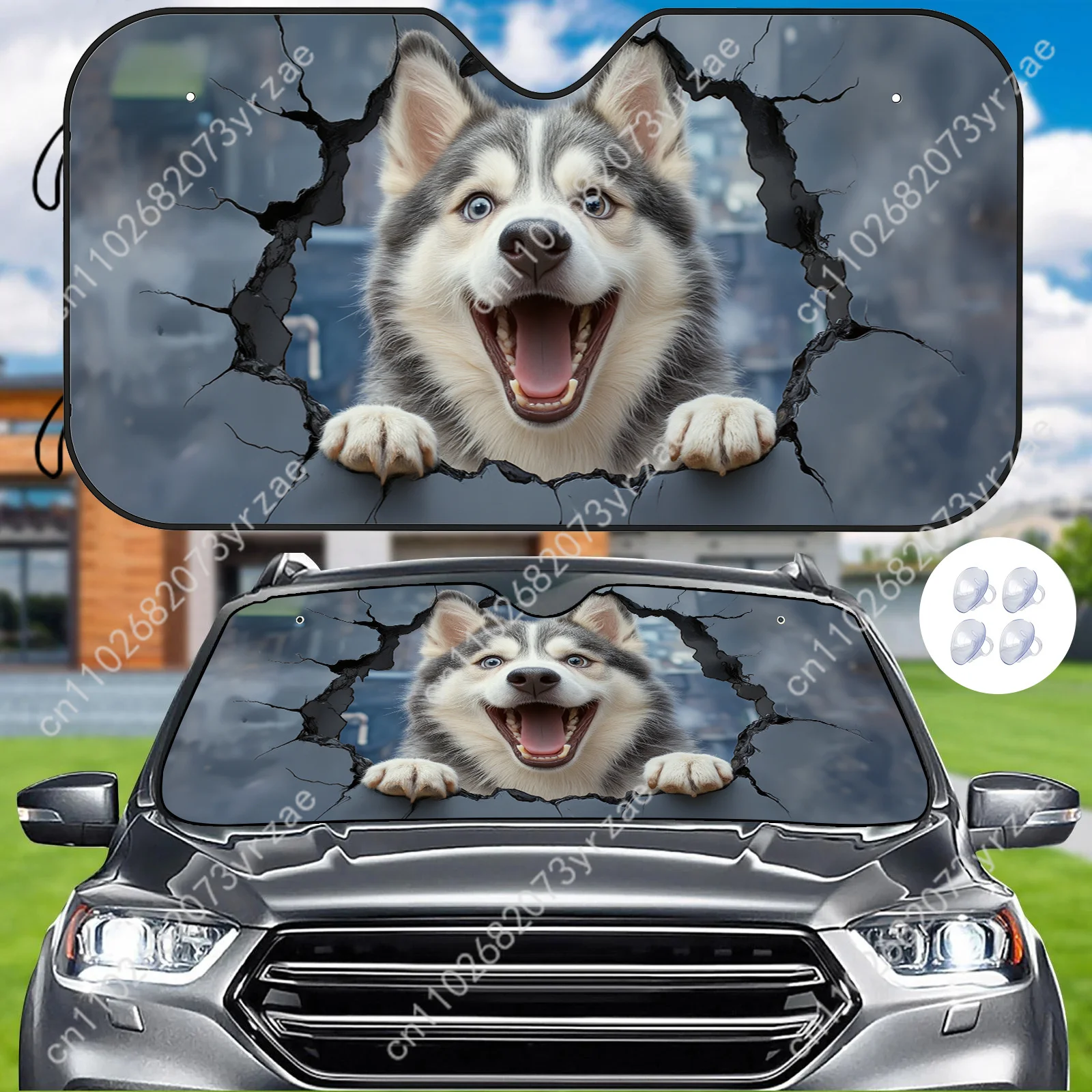 

A Lively Husky Car Sun Shade Good Heat Insulation Effect Windshield Sunshade Portable Waterproof Easy Clean Car Accessory