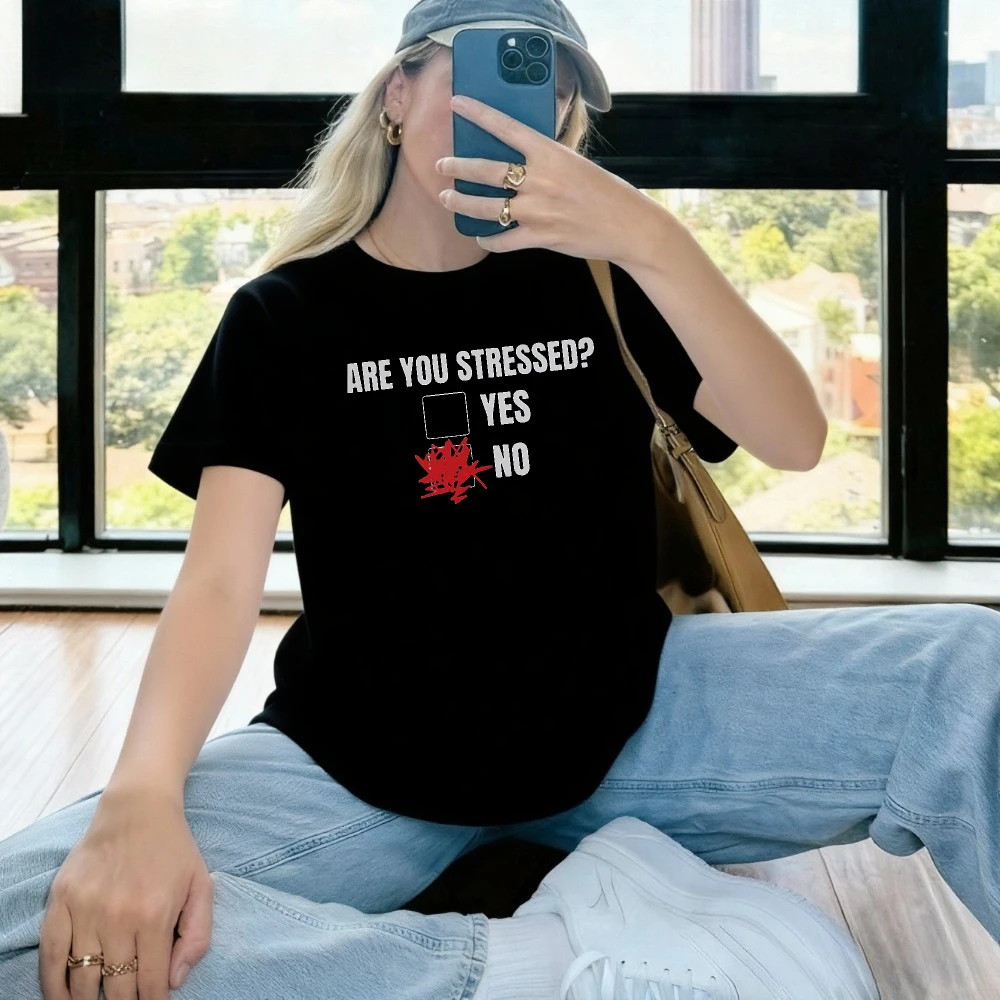 Checklist Are You Stressed No Box Scribble T Shirt Women Black Short Sleeve Tee Top Minimalist Mental Health Graphic Top