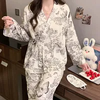 Kimono Sleepwear Women's Spring Autumn New Style Cute Sweet Japanese V-neck Cardigan Long Sleeves Trousers Outerwear Homewear