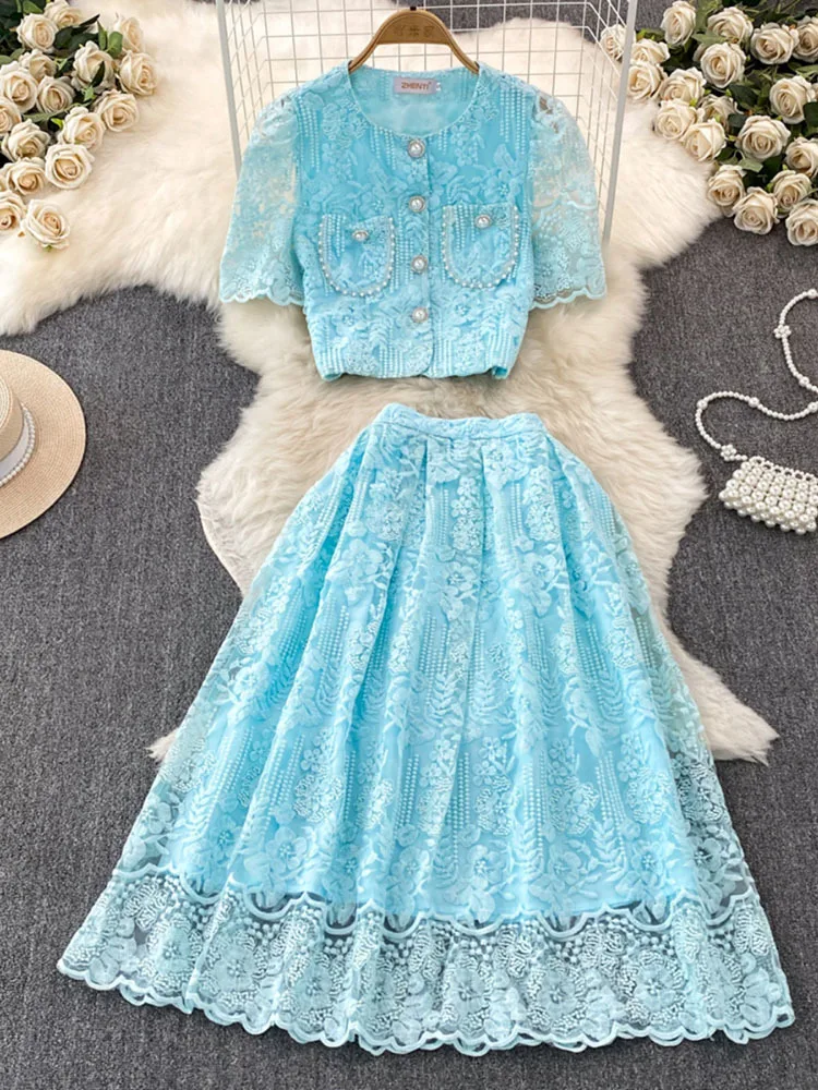 Vintage Lady-inspired Lace Crochet Two Piece Sets Womens Outifits Summer  French Puff Sleeve Shirt High Skirt Two-piece Sets