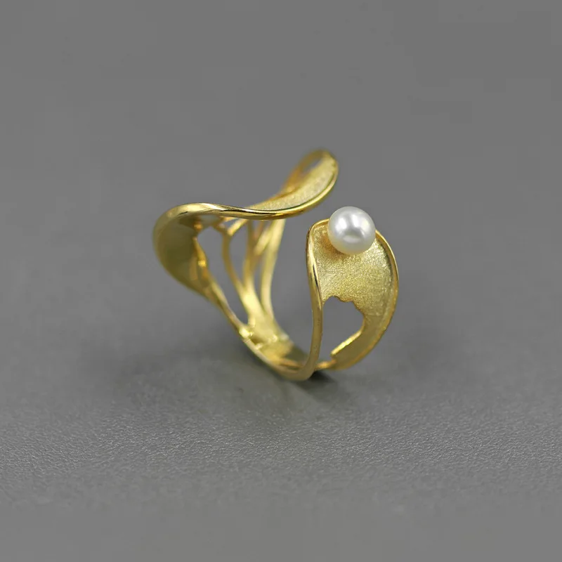 Miracle Sterling Silver 925 Original Design Timeless Hollow Abstract Line Pearl Inlaid French Niche High-End Open Ring