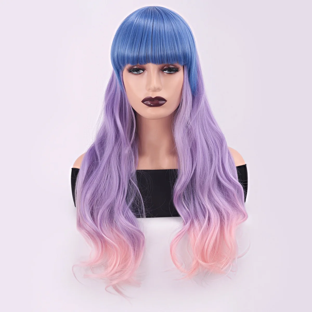 Cross border fashion wig, women's tricolor gradient long curly hair with big waves-Synthetic fiber wig
