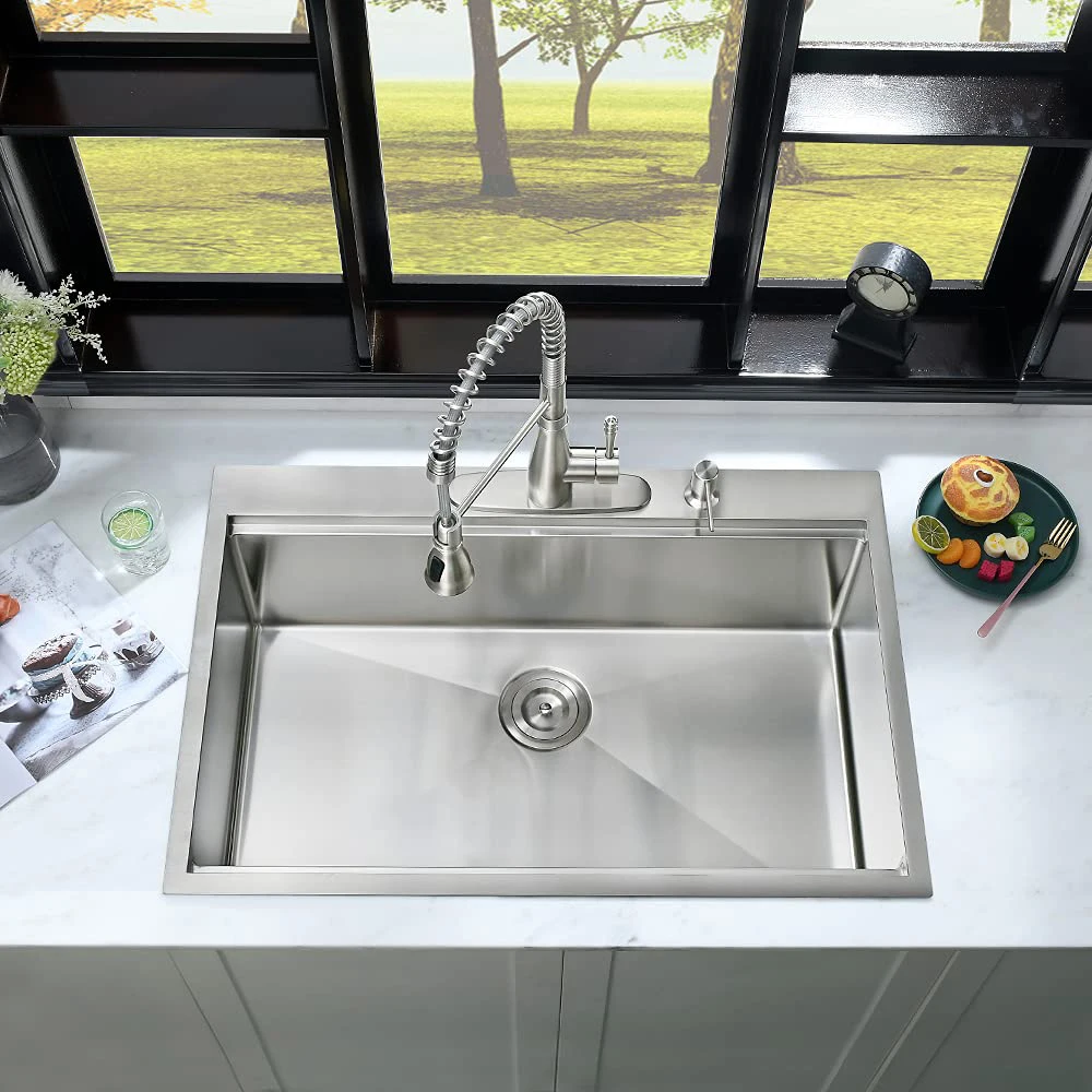 حوض المطبخ الحديث مقاس 30 بوصة، وعاء واحد، حوض محطة عمل Topmount مصنوع يدويًا مع الملحقات