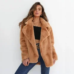 Abrigo de piel sintética para mujer, chaqueta de nuevo estilo, abrigo de piel de conejo, solapa, longitud media, Color cálido, elegante, Color sólido, cálido, Otoño e Invierno