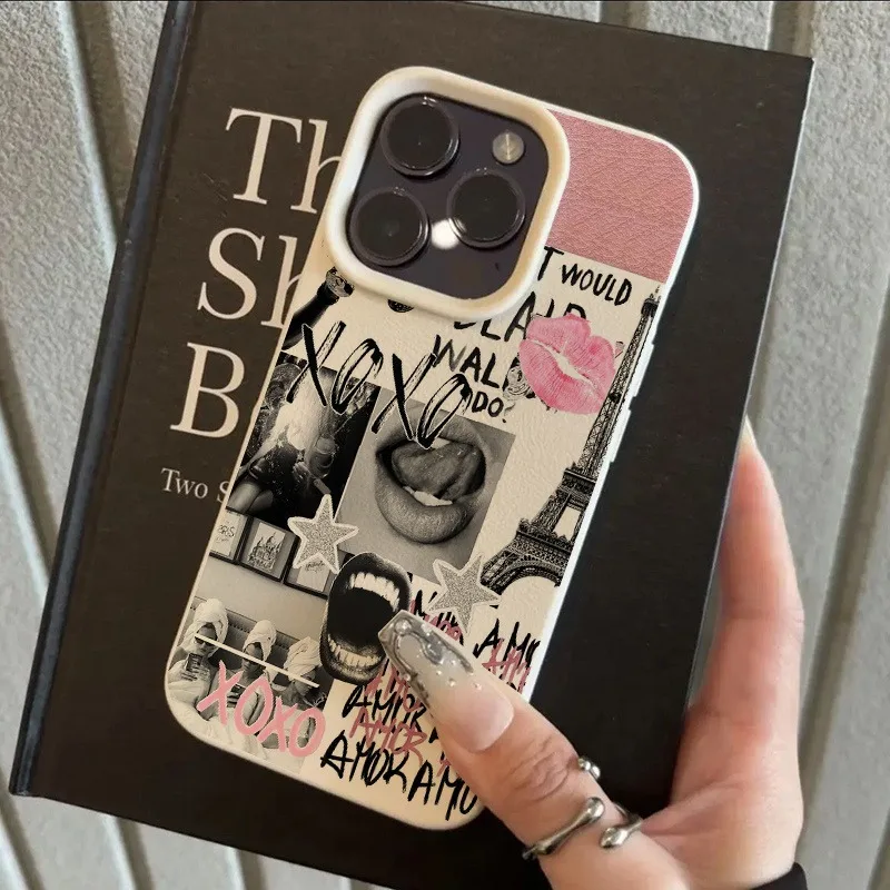 Capa de Celular Luxuosa com Estampa de Torre Eiffel e Impressão Labial para iPhone 17 Air 16 16e 15 14 13 12 11 Pro Max, Capa Macia Anti-Impressão Digital