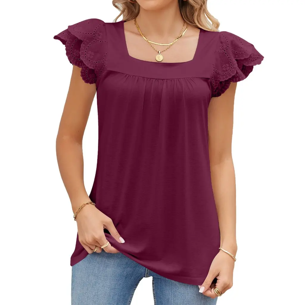 

Women's Solid Color Lace Stitching Square Collar Petal T-Shirt Jacket Short Sleeve Cross-Border Fashion Summer Top