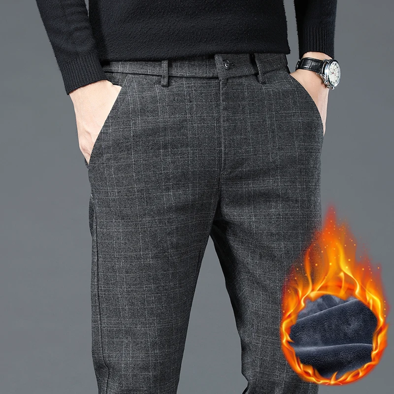 

Autumn Winter New Fleece Thickened Casual Pants Men Business Straight Slim Plaid Pants Black Gray Men's Warm Trousers