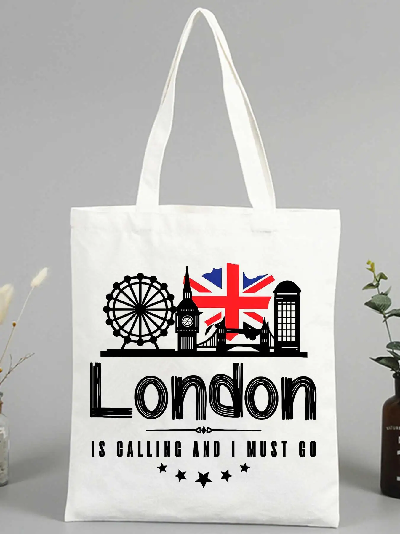 Women's London skyline graphic canvas tote bag, urban style for casual shopping and travel