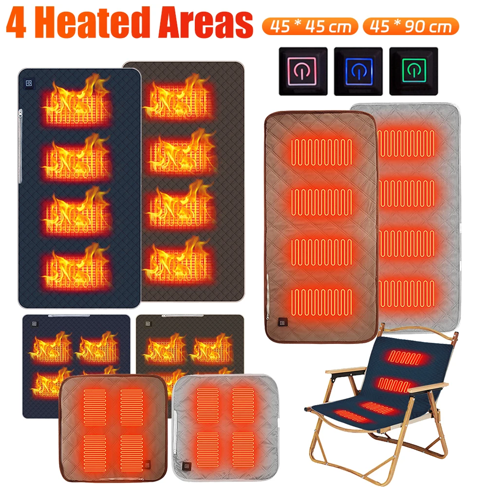 

4 Heated Areas Camping Chair Heated Cushion 3Speed Heating Seat Cushion USB Charging Winter Seat Warmer Cover for Outdoor Travel