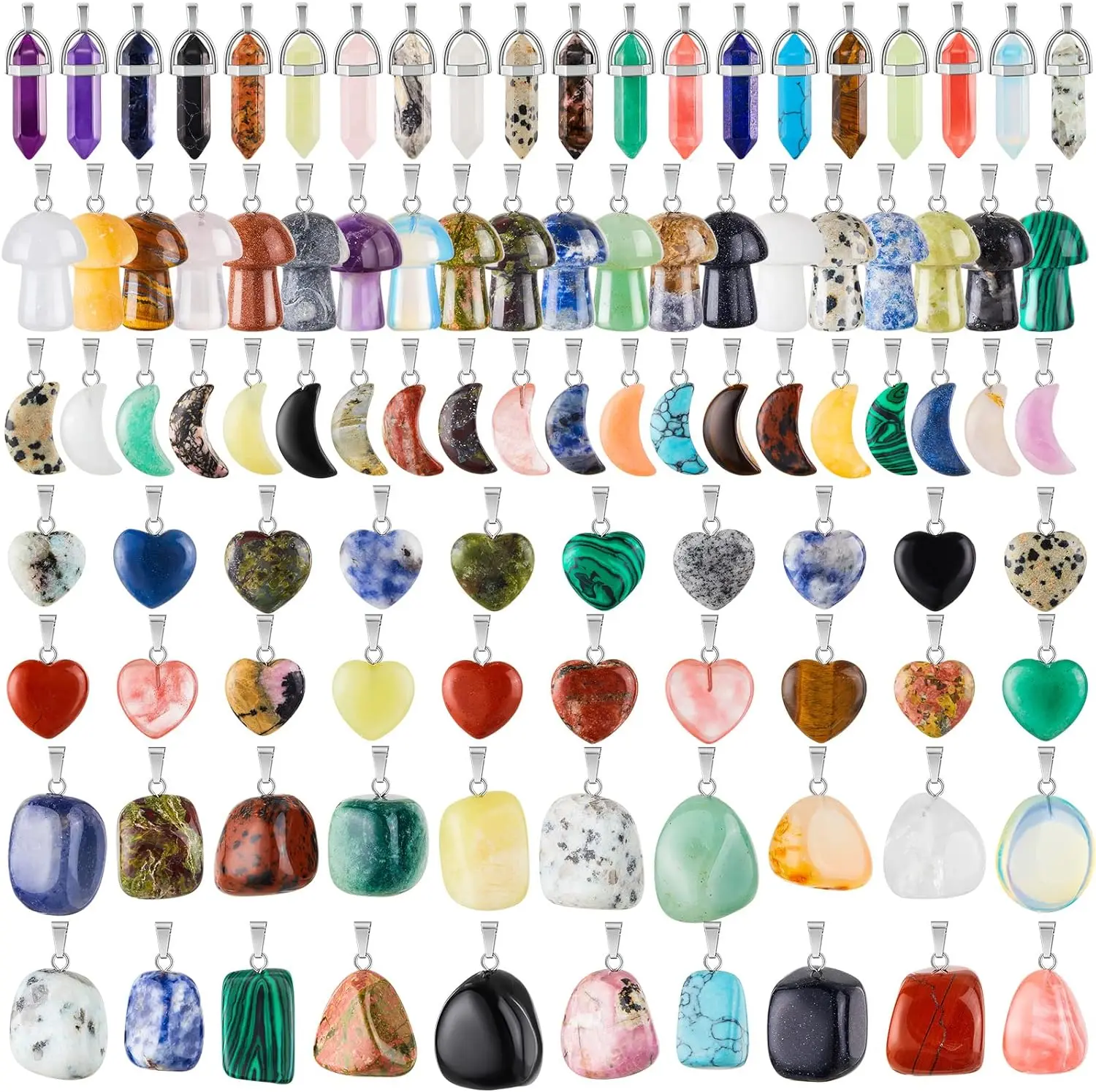 Pack of 100 Natural Crystal Pendants in Assorted Shapes (Hexagonal Column, Mushroom, Moon, and Heart)—Ideal for DIY Jewelry Making (Bracelets, Necklaces, Earrings).
