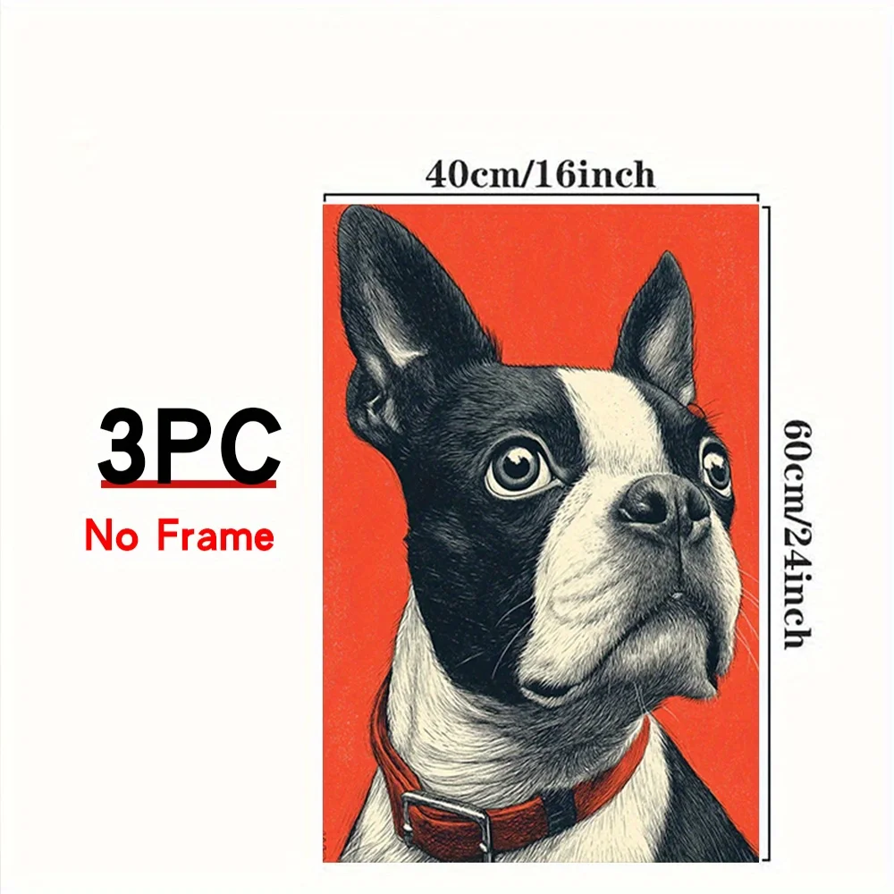 2D Flat, 2D Plane 3pcs Frameless Canvas Wall Art - Modern Dog Paintings with Boston Terrier, Border Collie & Dalmatian, Vibrant