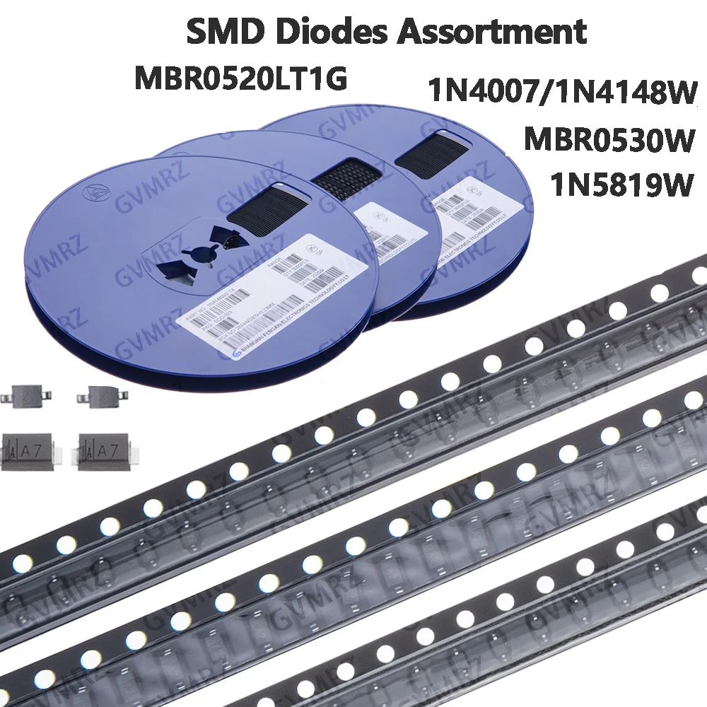 100PCS/3000PCS SMD Diodes Assortment 1N4007, 1N4148W, 1N5819W, MBR0520LT1G, MBR0530W Surface Mount Diodes 1N4148W T4，1N4007 T7