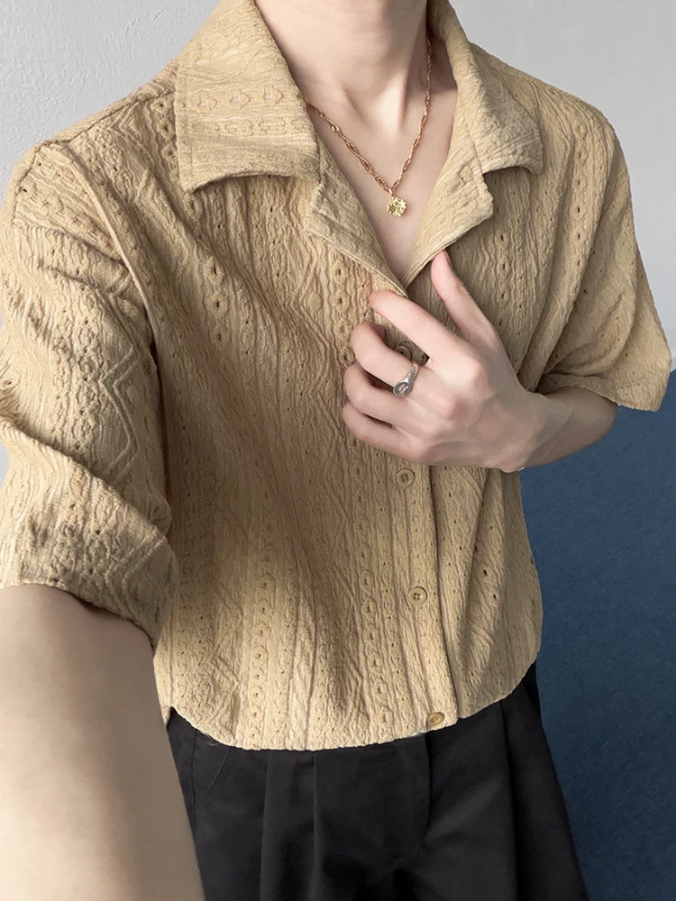 Trendy Mens Solid Color Hollow Out Shirts 2026 Summer Stylish Turn-down Collar Short Sleeve Shirt Tops Men Casual Textured Shirt