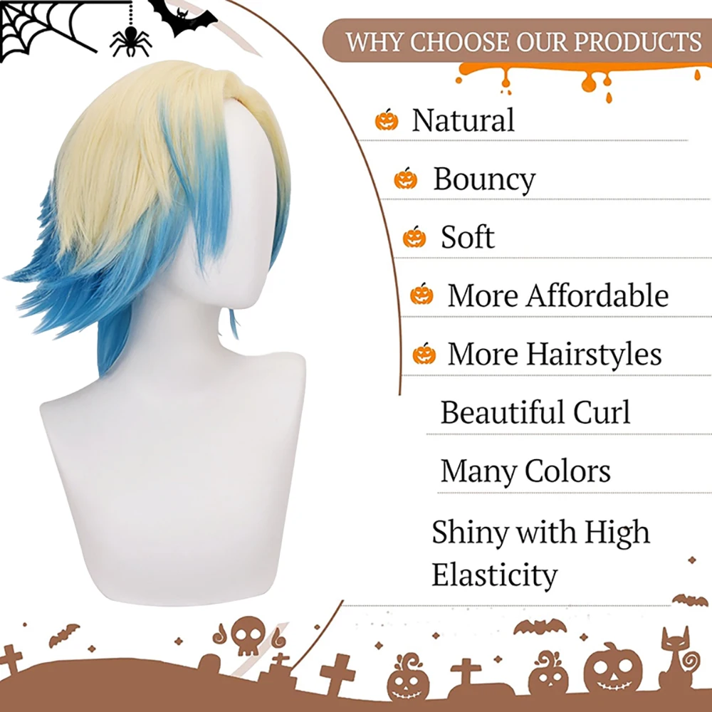 Michael Kaiser Cosplay Wig Blue Blonde Ombre Short Wig With Ponytail Heat Resistant Synthetic Hair Unisex For Anime Halloween view 5