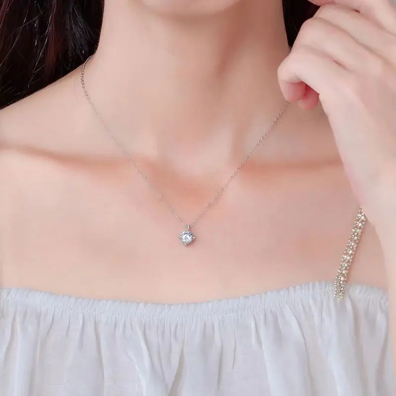 100% 925 Sterling Silver 18K Golden Simple Spark Crystal Pendant Clavicle Chain Necklace For Women Gift Classic  Fine Jewelry