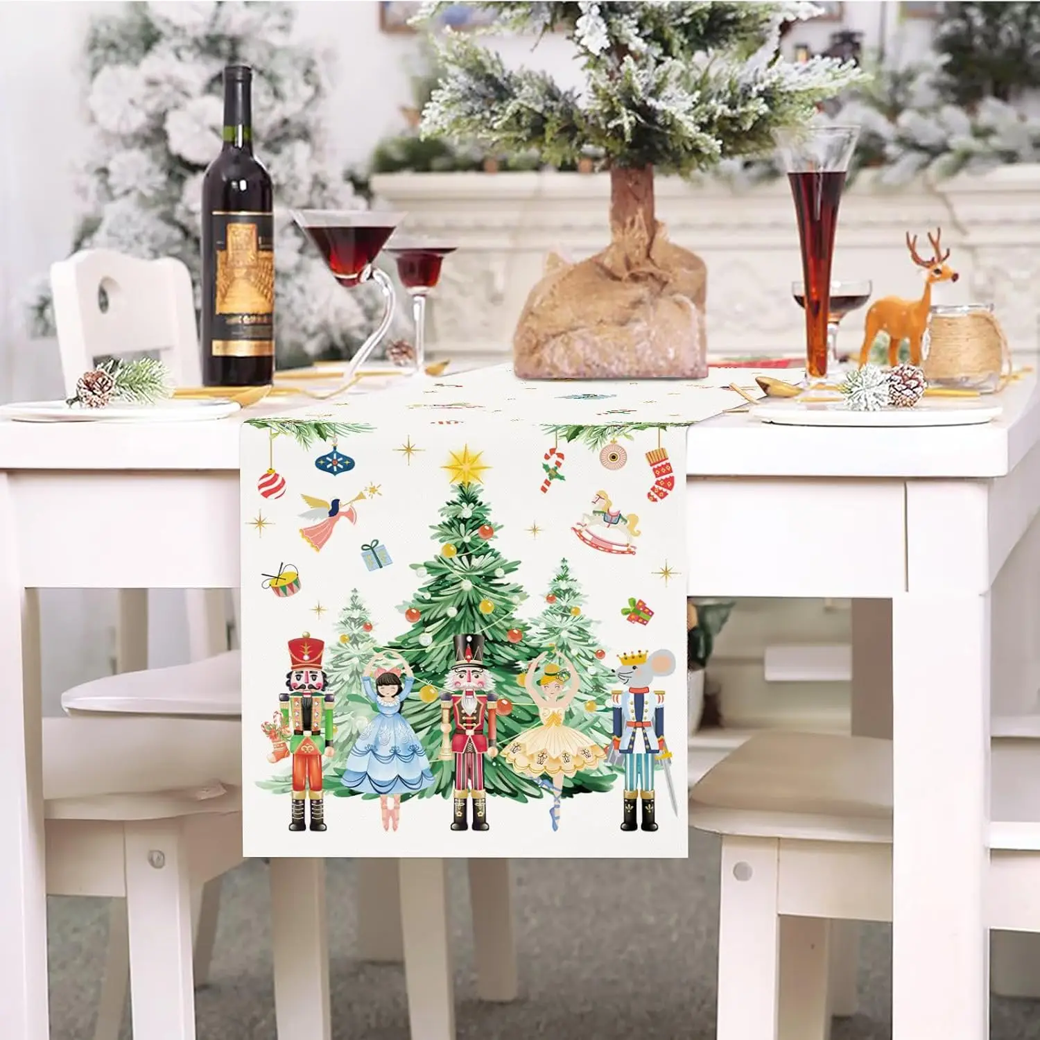 Christmas Nutcrackers Xmas Tree Linen Table Runner Party Decor Reusable Winter Kitchen Dining Table Runner Christmas Decorations