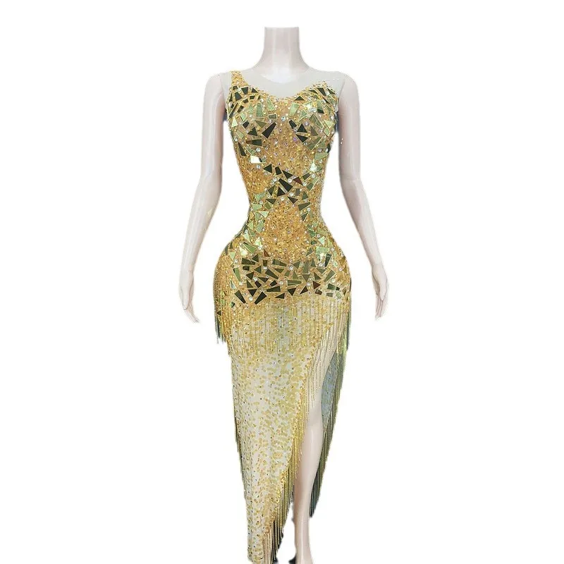 

Gold Diamond Fringe Off-the-Shoulder Sleeveless Long Ball Dress Shiny Sequins High Split For Performance, Sexy Birthday Outfits