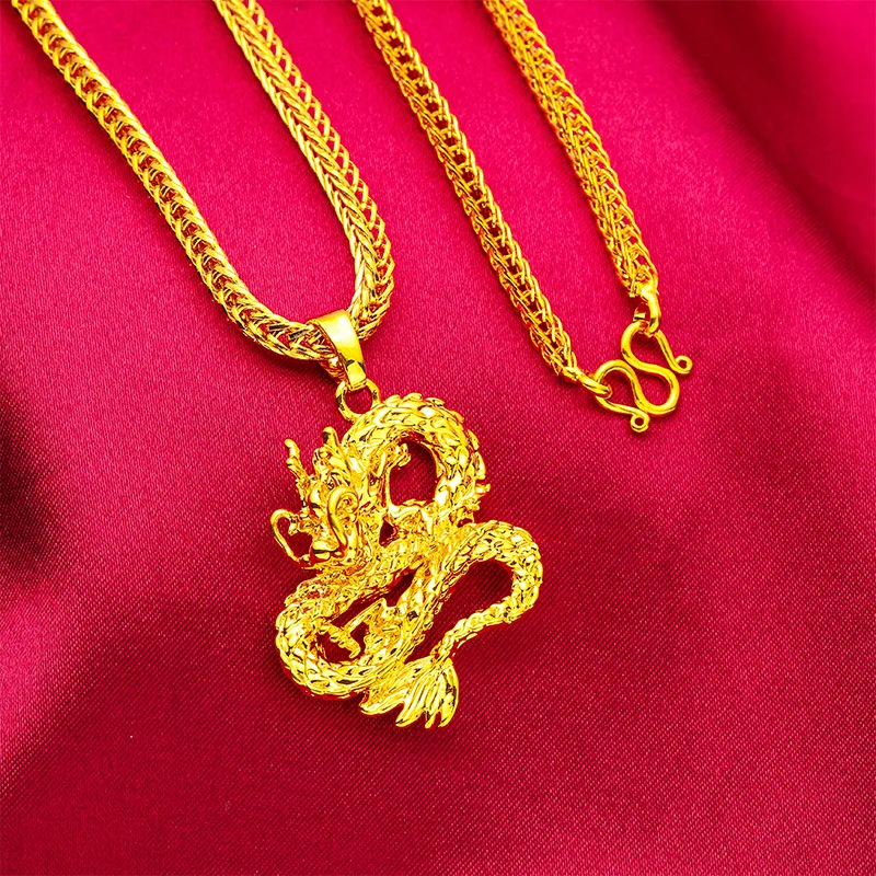 

Мужское колье с лисьим хвостом и драконом из 24-каратного золота, 60 см, AU999 | Гравировка «Энropy» с механическими мотивами.