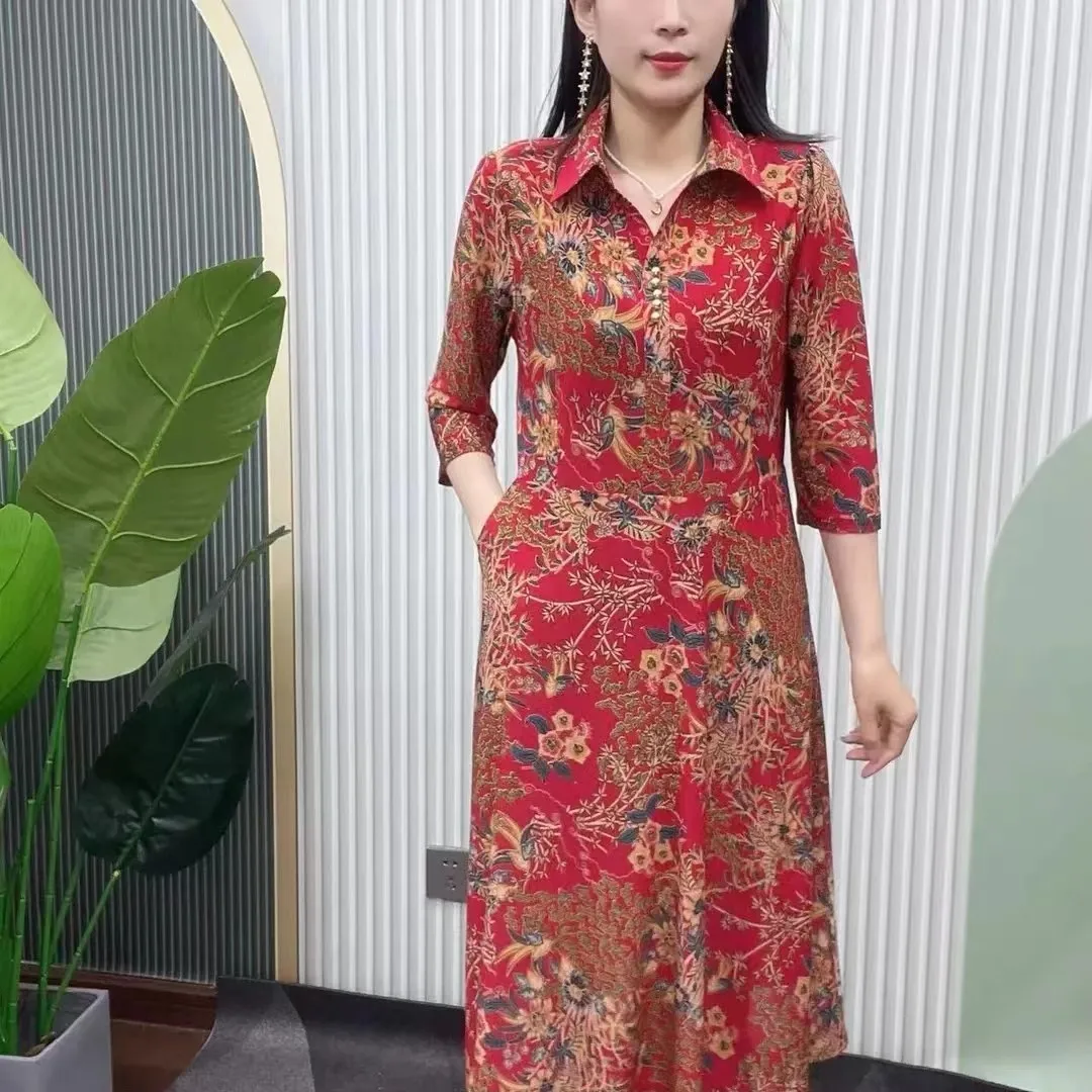 

New Spring Summer Middle Aged Women Elegant 3/4 Sleeve Vintage Floral Printed Shirt Midi Dress Fashion Slim Pockets Dresses