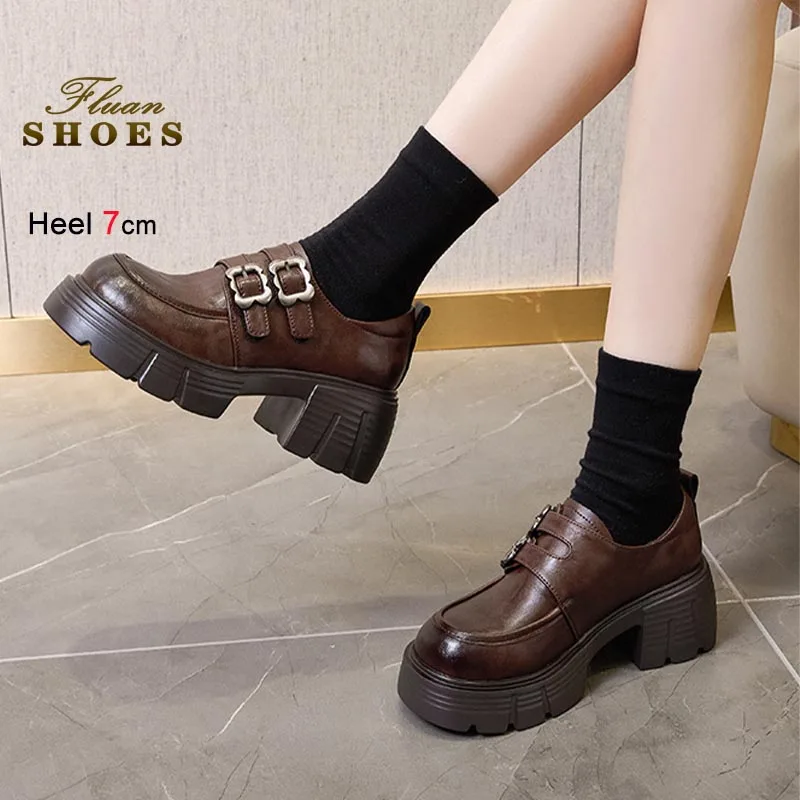 أسود بني منصة سميكة جلد طبيعي النساء أحذية عالية الكعب المتسكعون ربيع الخريف الرجعية تنوعا كعب خشن حذا فردي للسيدات