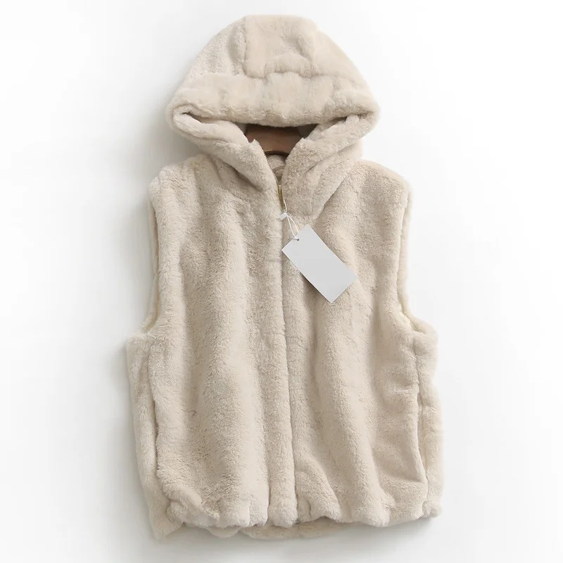 Loose Women's Zipper Hooded Furry Vest 2023 Winter New Arrival Anti-Aging Cardigan Sweater Comfortable Soft Material