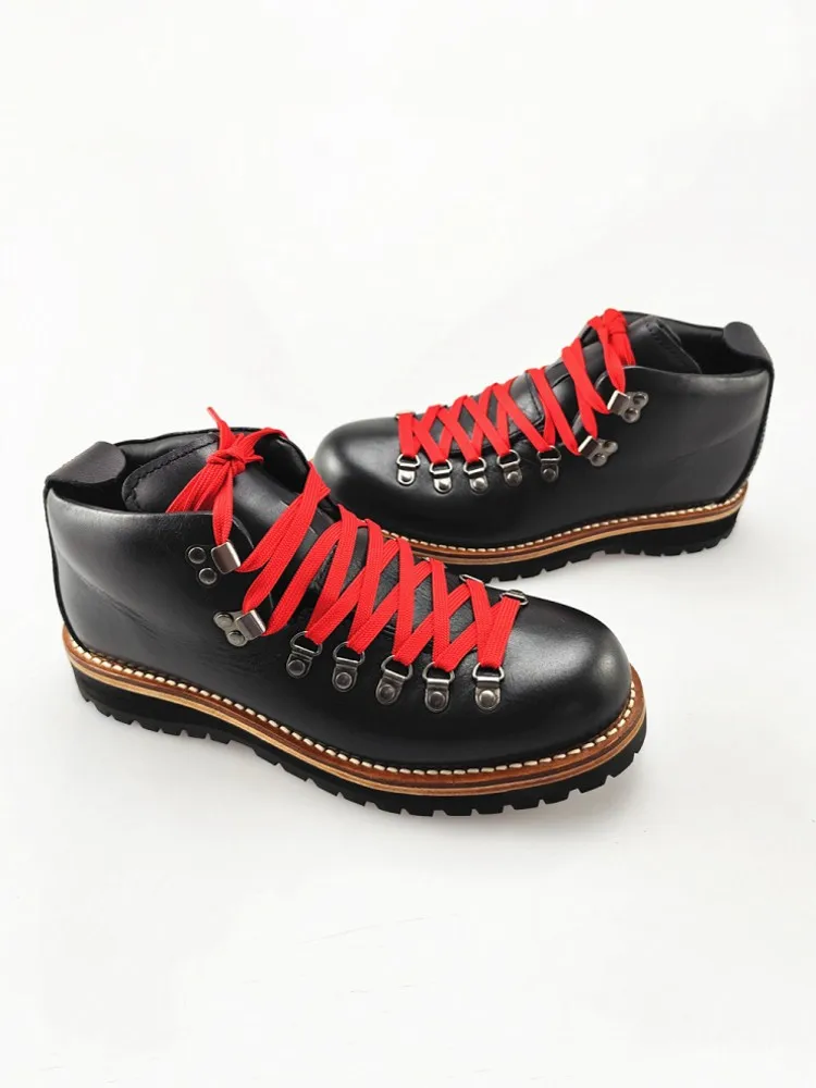 Breathable Mens New Outdoor Comfortable Black Genuine Leather Hiking Shoes Antiskid Platform Lace Up Camping Waterproof Sneakers