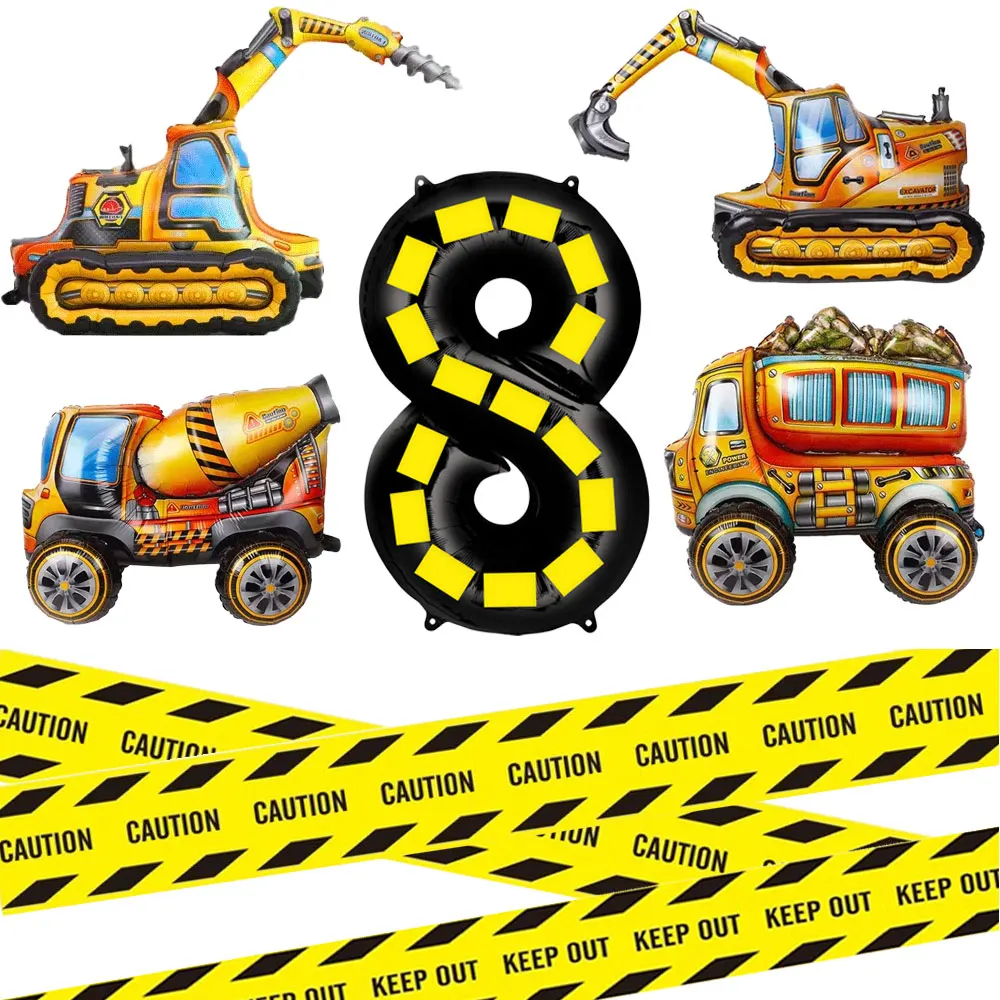 Construction Theme Party Self-standing 4d Excavator Aluminum Foil Balloon Warning Tape Diy Sticker Boy Birthday Party Supplies