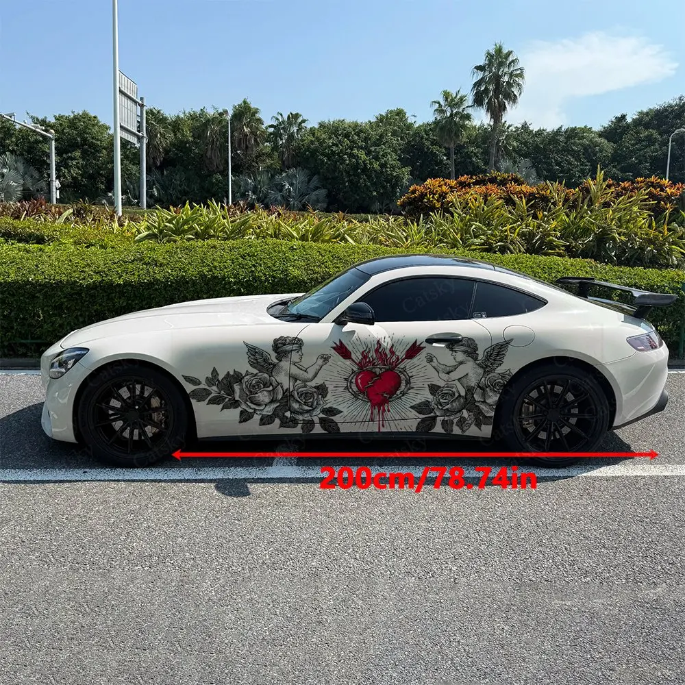 2pcs Vintage Angel & Sacred Heart Car Side Wraps, Self-Adhesive PVC Waterproof & Scratch-Resistant Stickers, Car Accessory Gift