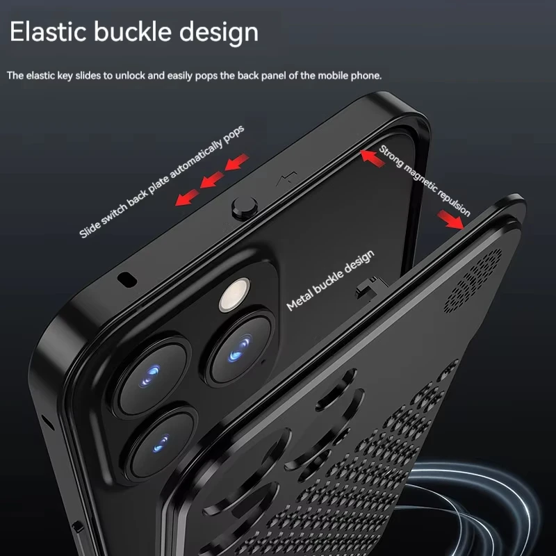 Odłączane aluminiowe etui na telefon z funkcją odprowadzania ciepła, przeznaczone do modeli iPhone 18, 17 Pro, 16, 15, 14, 13 Pro Max. Metalowy dyfuzor zapachów, chłodzące etui na telefon. — zdjęcie produktu 4
