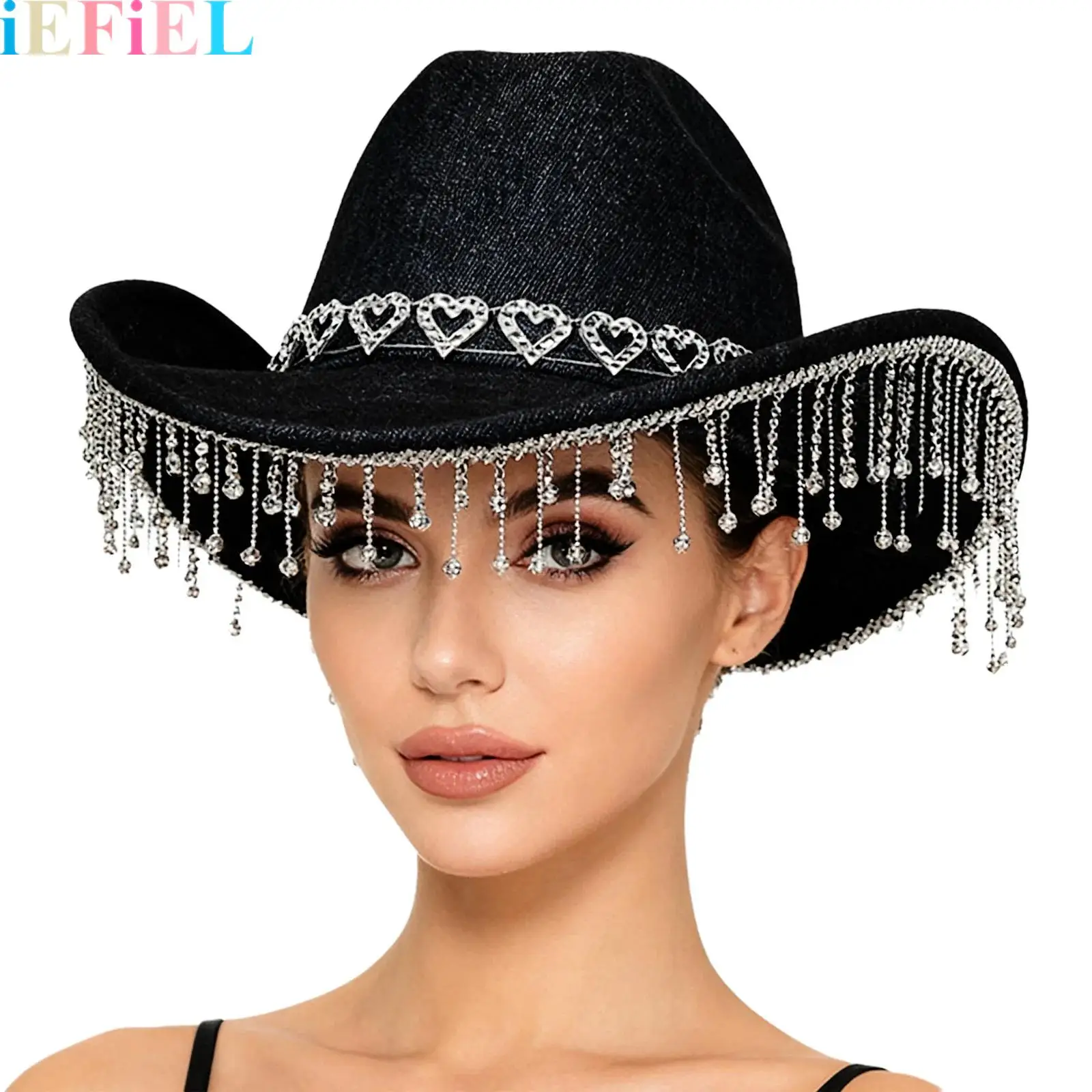 

Western Rhinestones Tassel Decor Cowboy Hat Halloween Cowgirl Hat Fedoras for Men Women