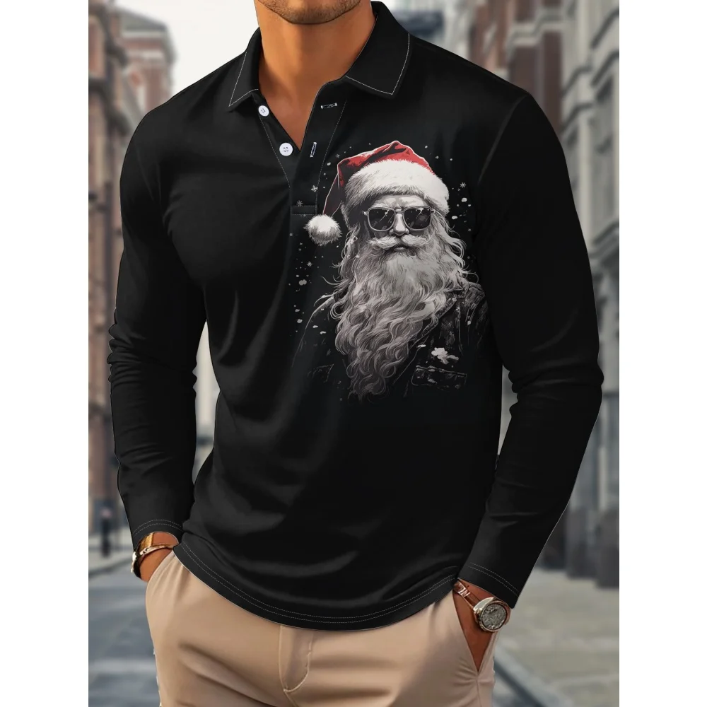 

2026 T-Shirts for Men Casual Christmas Snowman Pattern 3D Print Golf Button Neck Men Long Sleeve T-Shirt Holiday Polo Shirt Tees