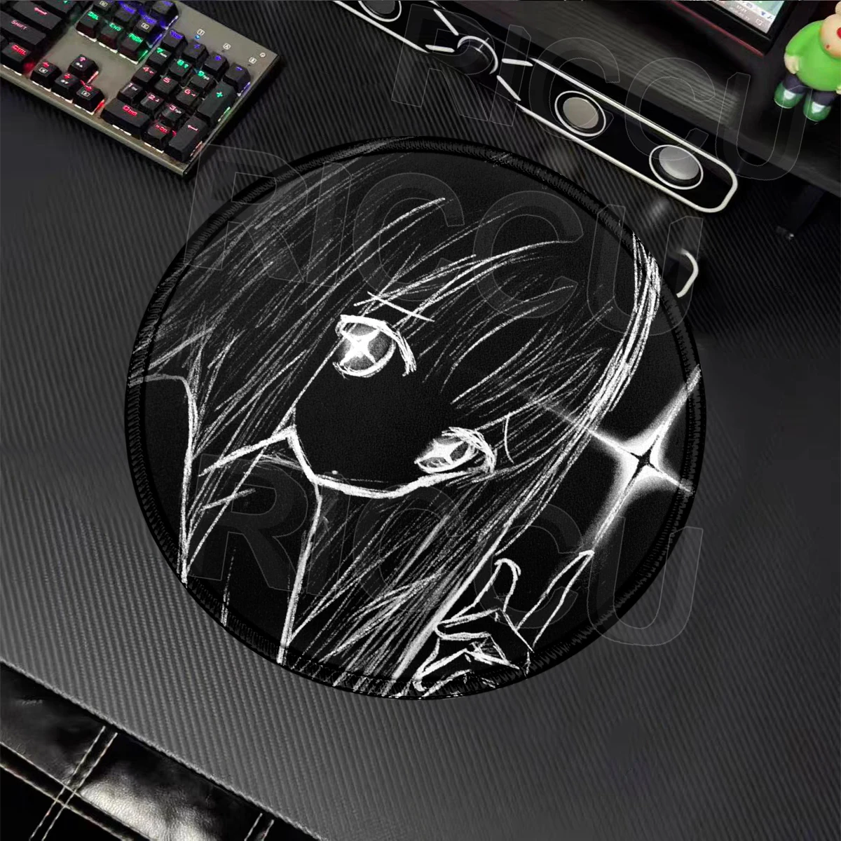 Tapete de Mesa Anime Preto e Branco com Meninas Kawaii, Mousepad para Escritório, PC, Gabinete, Mouse Pad Gamer Redondo XS, Tapete para Copos