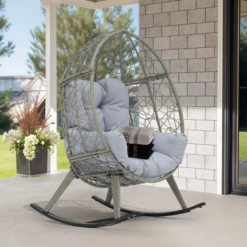 

Patio Rocking Egg Chairs Furniture Balcony Metal Frame Soft Cushions All Weather
