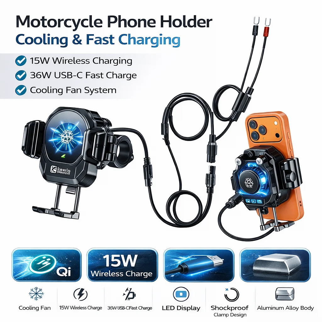 

Motorcycle Phone Holder with Cooling Fan 15W Qi Wireless Charging 36W USB-C Fast Charge Anti-Vibration Aluminum Bike Mount