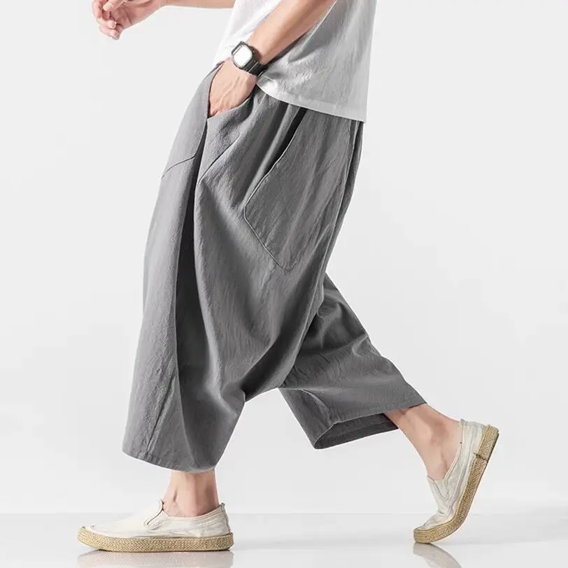 Handsome Male 100% Linen Cross Pants Summer Loose Capris Ethnic Travel Streetwear Trousers Thailand Nepal Draw String Patalon