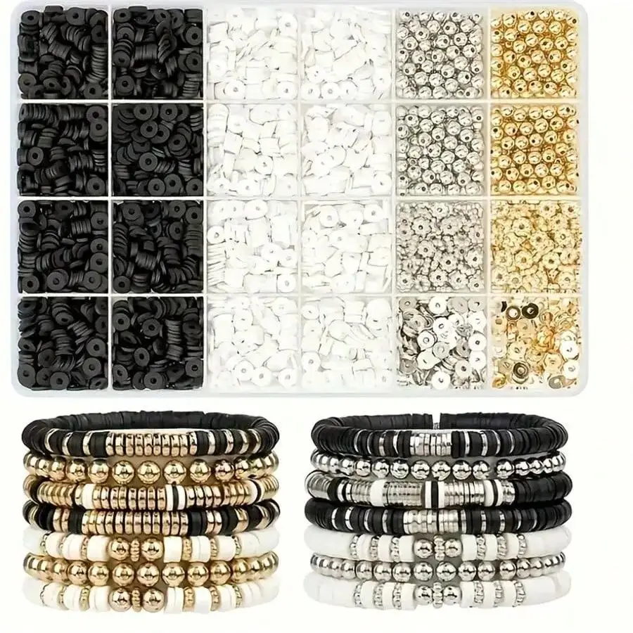 2200/3000 Pieces, Black and White Soft Pottery Pieces, Interval Bead Round Bead Set Box, DIY Couple Bracelet, Birthday Gift