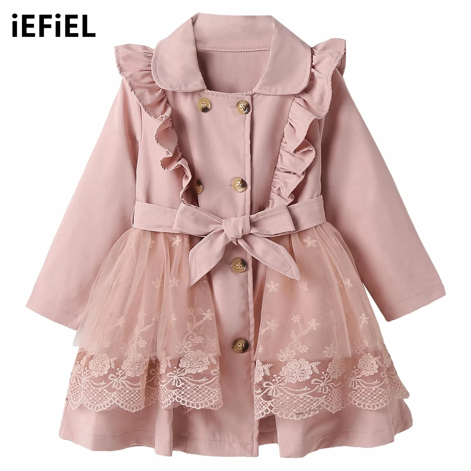 

Baby Girls Lace Ruffle Coat Fashion Outerwear Jackets Windbreak Coat Lapel Collar Long Sleeve Waistband Coat