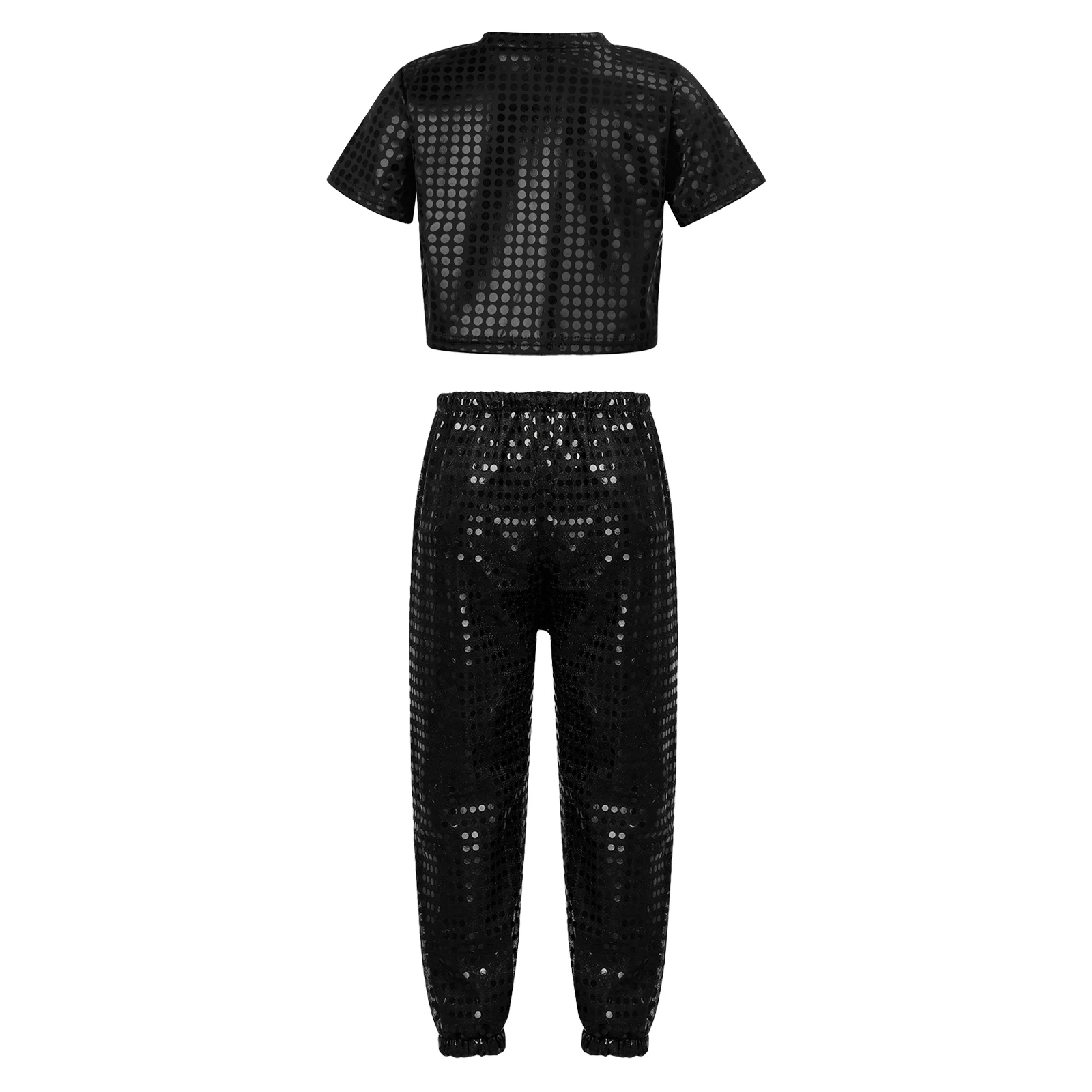 Children Boys Girls Hip Hop Street Jazz Dance Performance Costume Shiny Sequins Short Sleeve Crop Top with Pants Party Dancewear