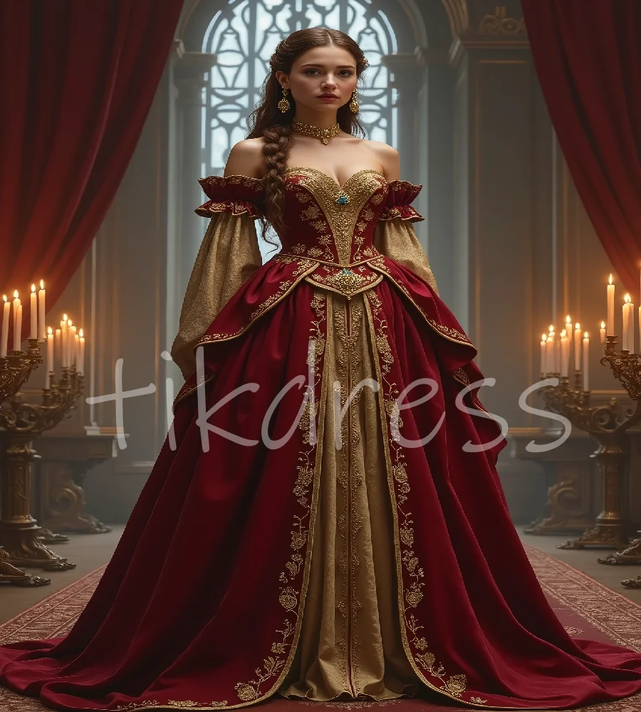

Royal Court Victorian Prom Dress Red With Gold Long Sleeve Marie Antoinette Evening Dress Lace 2025 Medieval Formal Customized