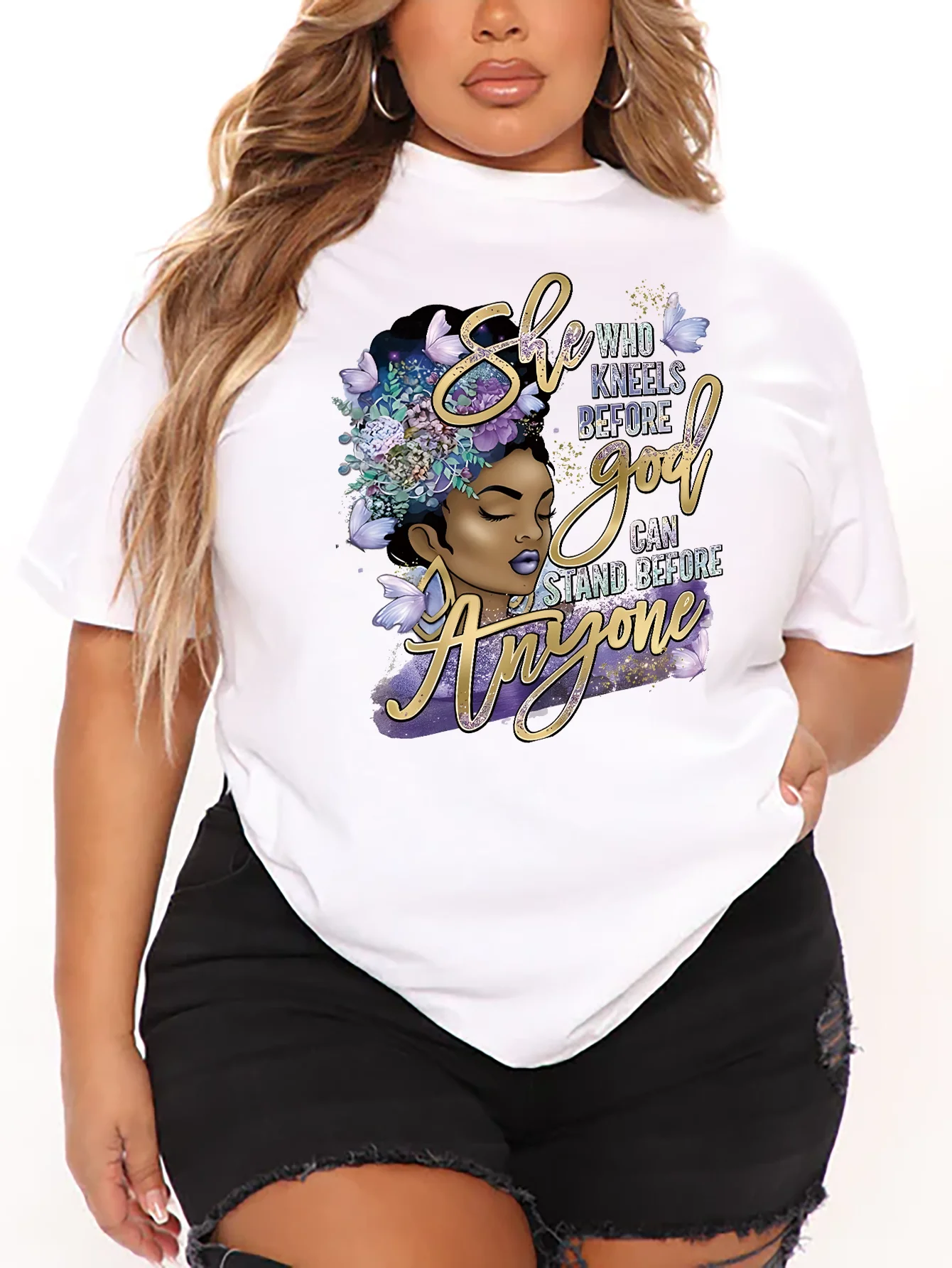 Plus Size Women's Summer Casual Short-sleeved 7 color O-Neck T-shirt Printed Graphics Headshot Letters BLESSED Plus Size T-shirt