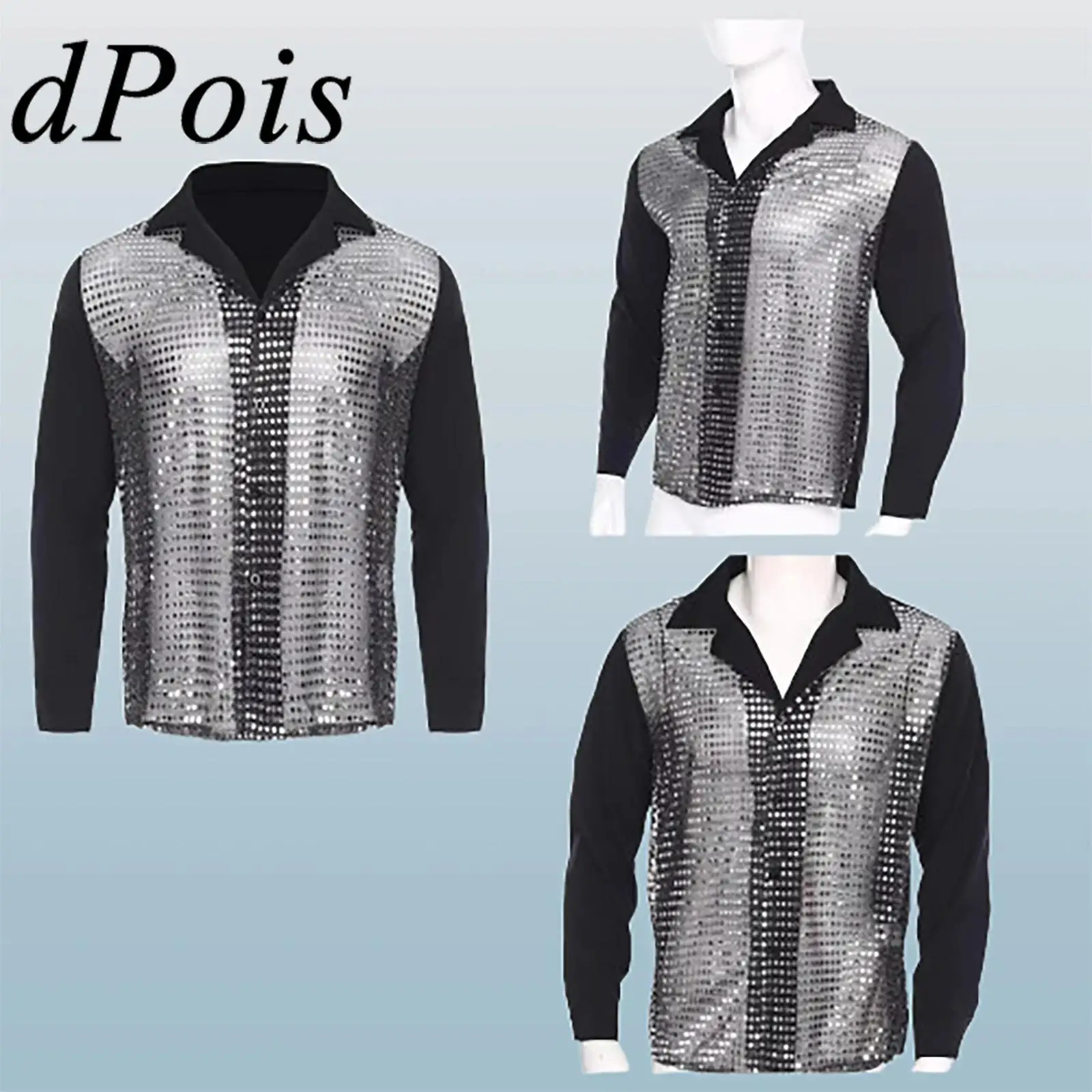 

Men Disco Bar Shirts Tops Retro Party Dance Shirts Fashion Metallic Sparkly Sequin Shirt Tops for Nightclub Performance Costumes