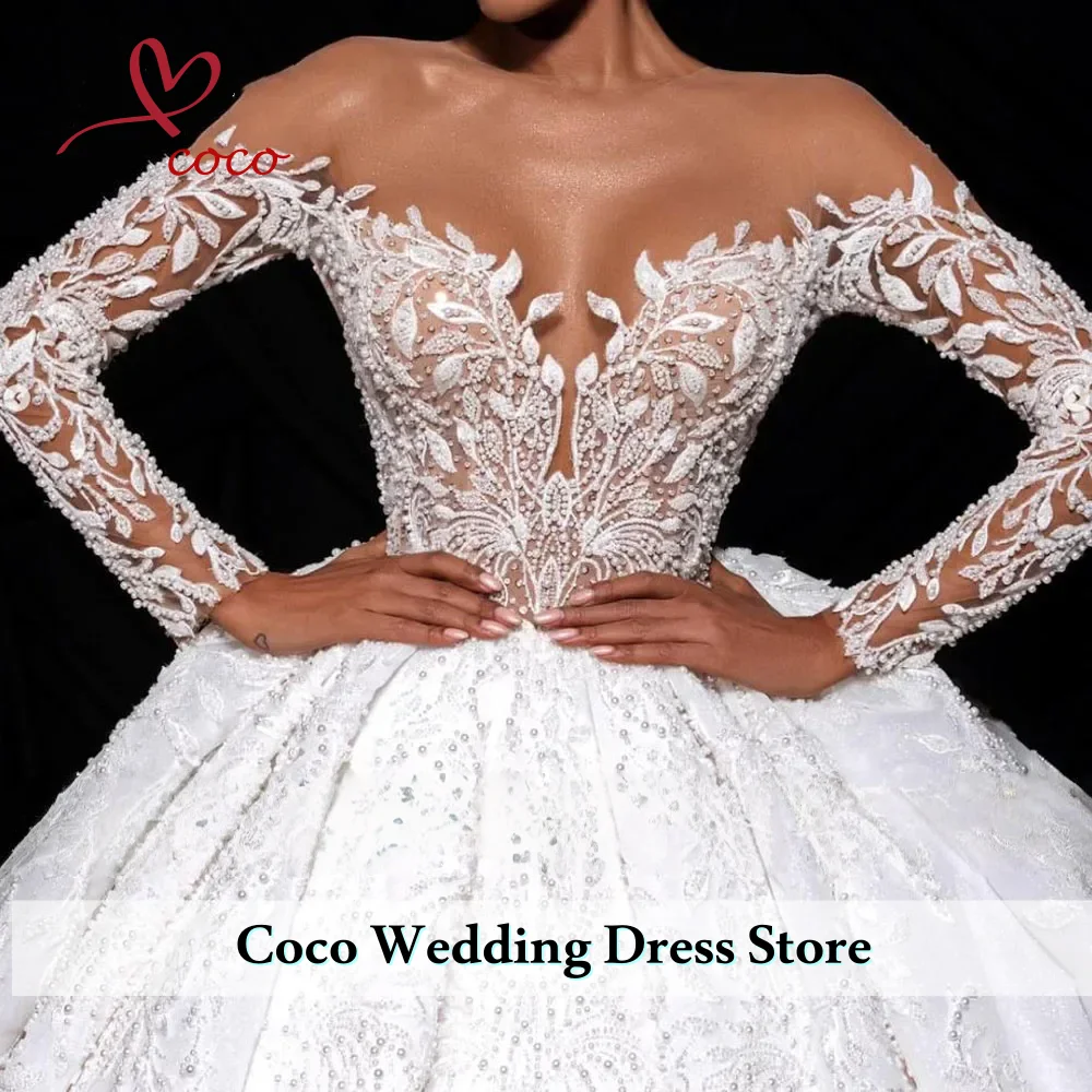 تخصيص رائعة متلألئة اللؤلؤ يزين فستان زفاف الأميرة متواضع س الرقبة طويلة الأكمام فستان زفاف Vestido De Novia