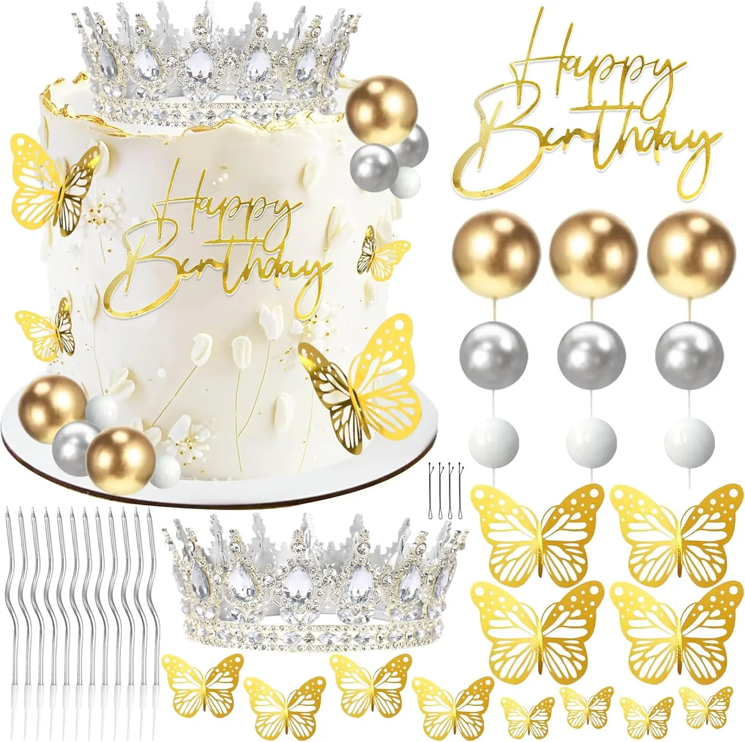 Kronen-Kuchenaufsatz, Kugeln, alles Gute zum Geburtstag, Kuchenaufsätze mit Kerzen, goldene Schmetterlinge, Kuchendekorationen für Hochzeit, Babyparty, Party – Detail 13
