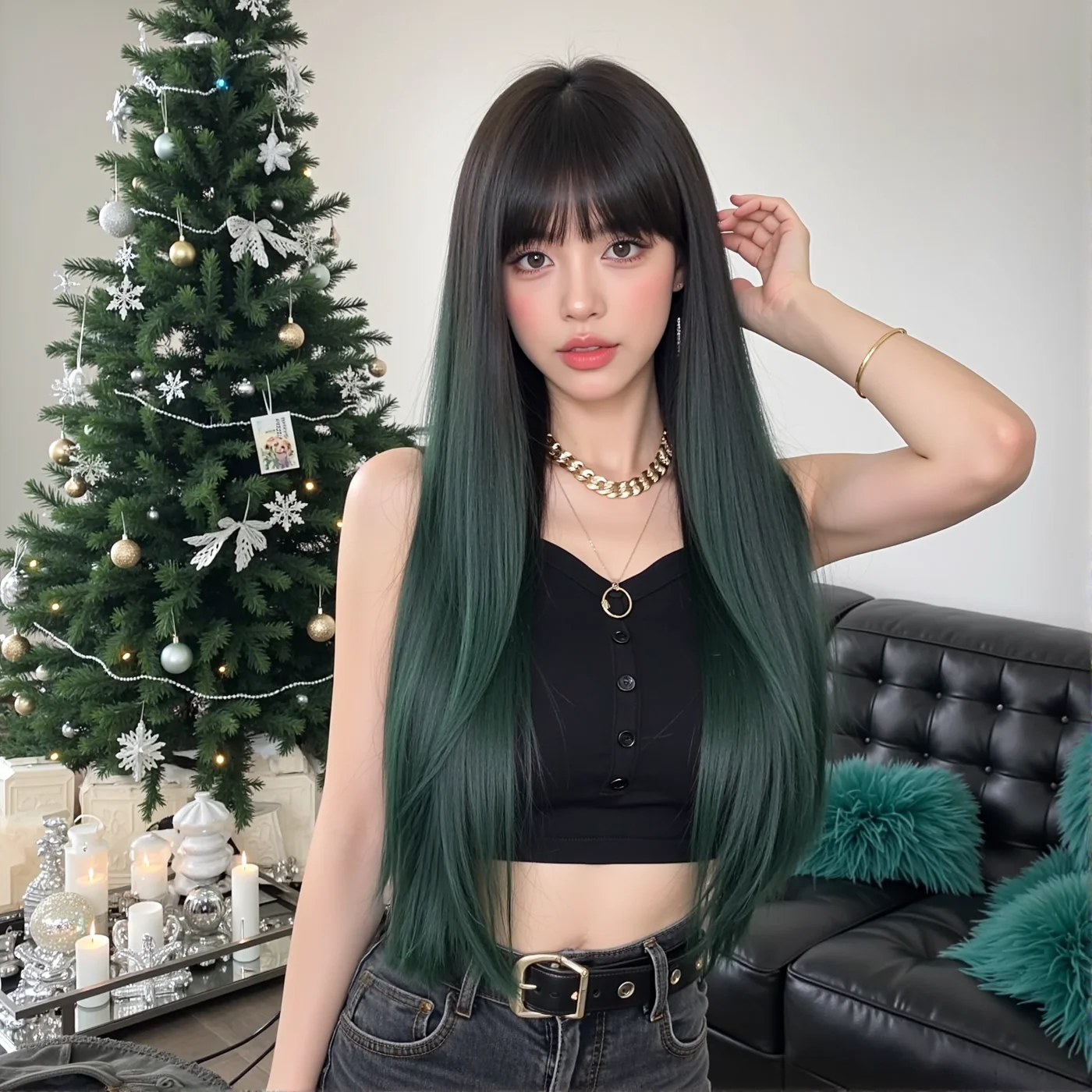 

Рождественские длинные прямые темно-зеленые синтетические парики, длинные с челкой для женщин, косплей, Лолита, искусственные волосы, ежедневный парик, термостойкий