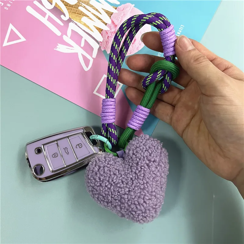 Car Keychain Heart Plush Keychain Colorful Lanyard Bag Keyring Accessories Fashion Wrist Strap Anti-lost Pendant Keychains